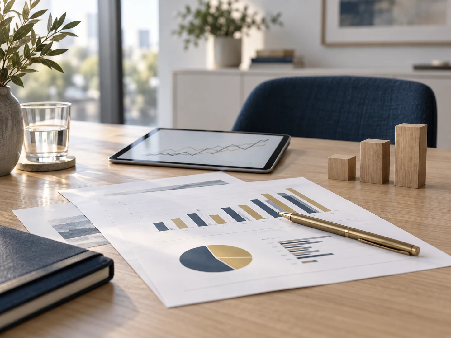 Symbolbild: Finanzielle Planung mit Diagrammen, Tablet und aufsteigenden Holzblöcken
